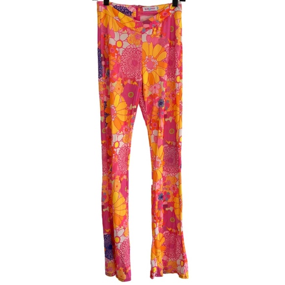 ELSIE & FRED Retro Floral Flare Pants Pink Orange 70s Festival Size Small - Picture 1 of 11